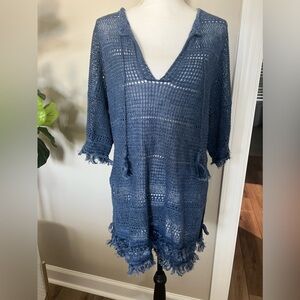 Polo Ralph Lauren Blue Linen Crochet Fringe Cover-Up Hoodie – Size M